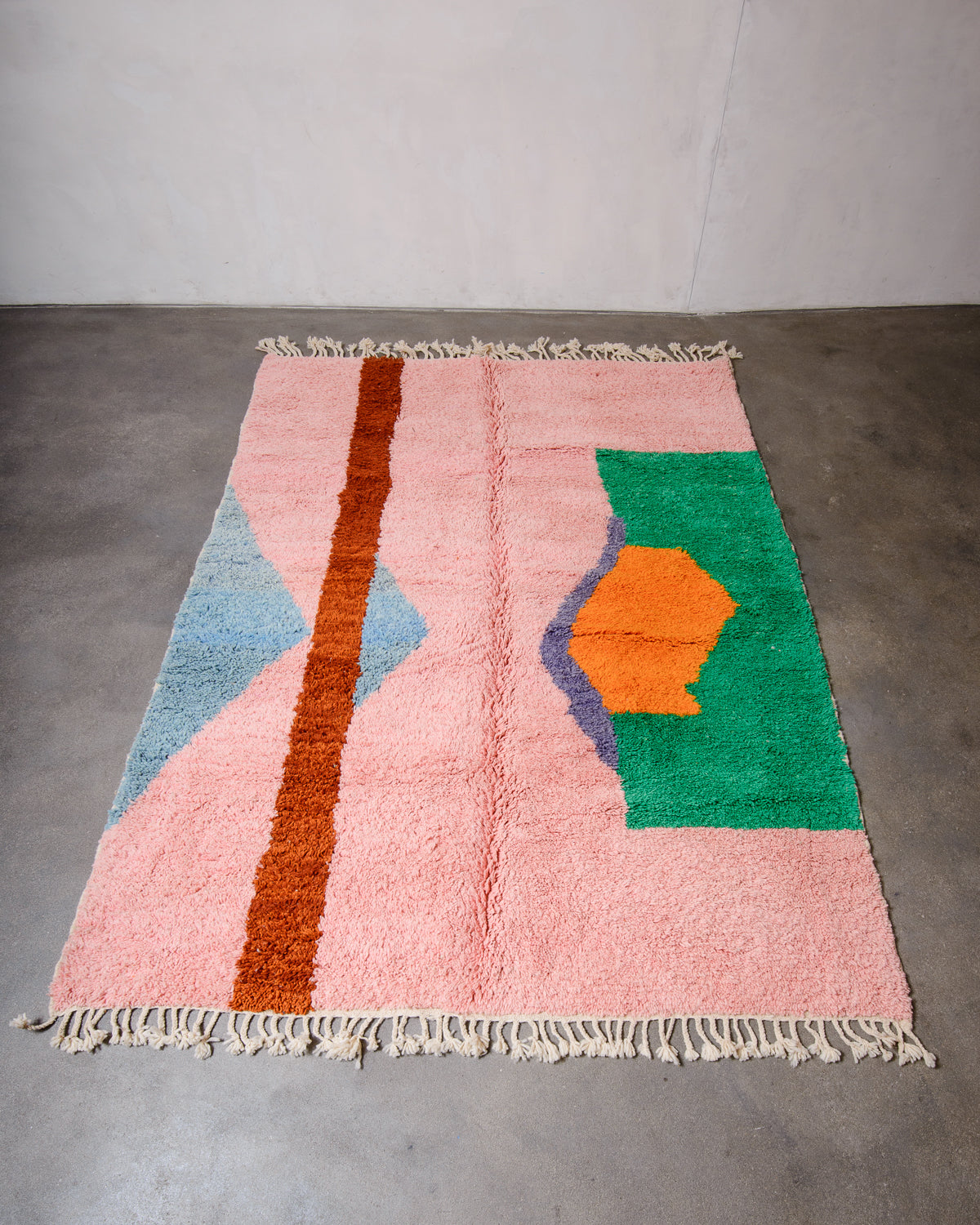 Modern, designer, handcrafted Berber rug from Morocco. Beniourain carpet with beautiful colours and patterns and fluffy wool texture.